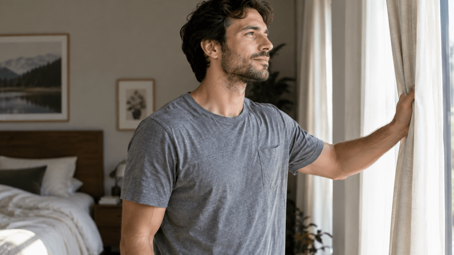 Man opening bedroom curtains i
